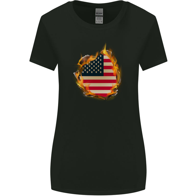 The Stars & Stripes American Flag Fire USA Womens Wider Cut T-Shirt Black