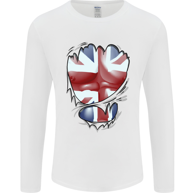 The Union Jack Flag Ripped Muscles Mens Long Sleeve T-Shirt White