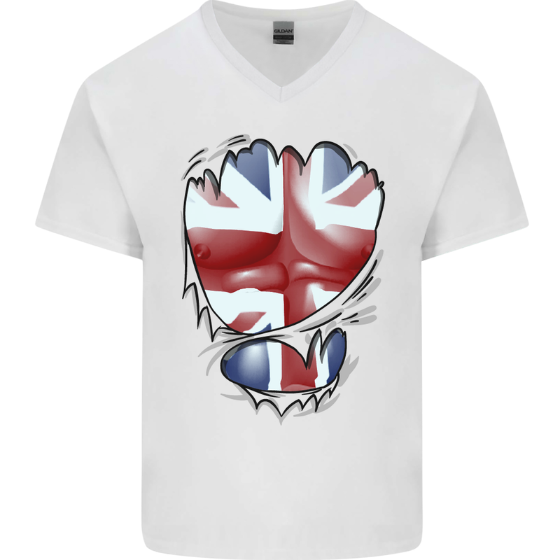 The Union Jack Flag Ripped Muscles Mens V-Neck Cotton T-Shirt White