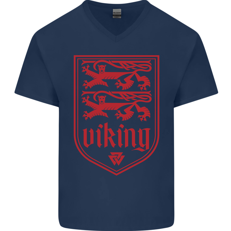 The Vikings Valknut Symbol Lions Valhalla Mens V-Neck Cotton T-Shirt Navy Blue
