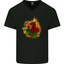 The Welsh Flag Fire Effect Wales Mens V-Neck Cotton T-Shirt Black