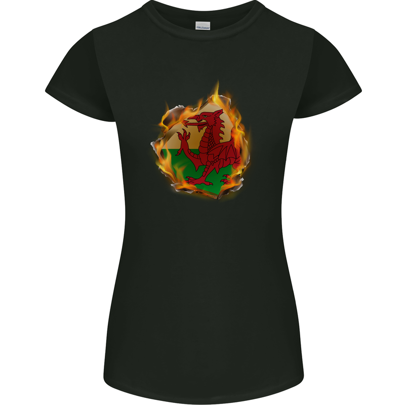 The Welsh Flag Fire Effect Wales Womens Petite Cut T-Shirt Black