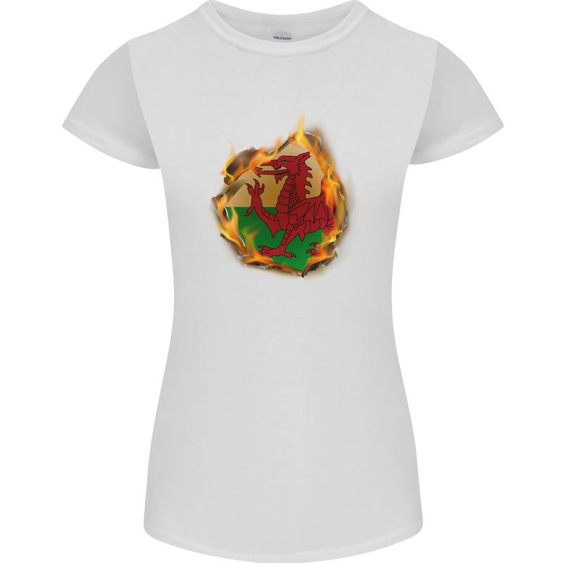 The Welsh Flag Fire Effect Wales Womens Petite Cut T-Shirt White