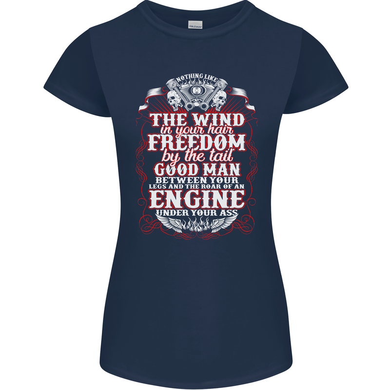 The Wind In Your Hair Funny Biker Motorbike Womens Petite Cut T-Shirt Navy Blue