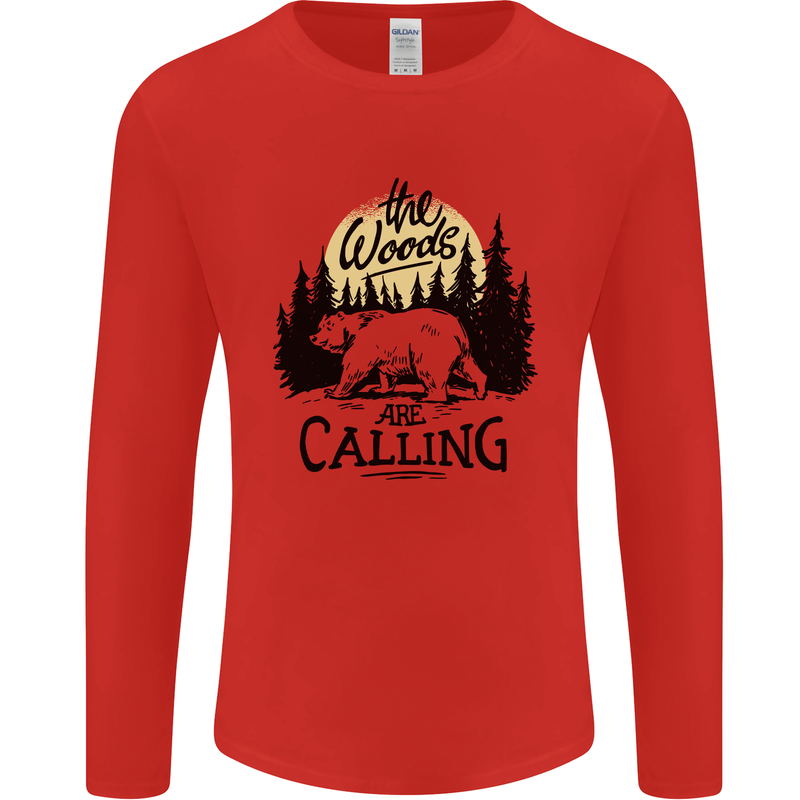 The Woods Calling Camping Trekking Bear Mens Long Sleeve T-Shirt Red