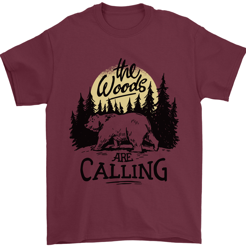 The Woods Calling Camping Trekking Bear Mens T-Shirt 100% Cotton Maroon