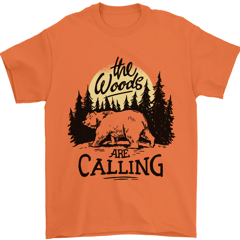 The Woods Calling Camping Trekking Bear Mens T-Shirt 100% Cotton Orange