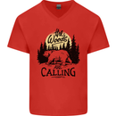 The Woods Calling Camping Trekking Bear Mens V-Neck Cotton T-Shirt Red