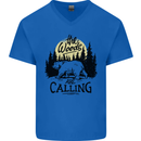 The Woods Calling Camping Trekking Bear Mens V-Neck Cotton T-Shirt Royal Blue