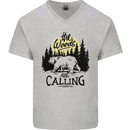 The Woods Calling Camping Trekking Bear Mens V-Neck Cotton T-Shirt Sports Grey