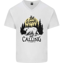 The Woods Calling Camping Trekking Bear Mens V-Neck Cotton T-Shirt White
