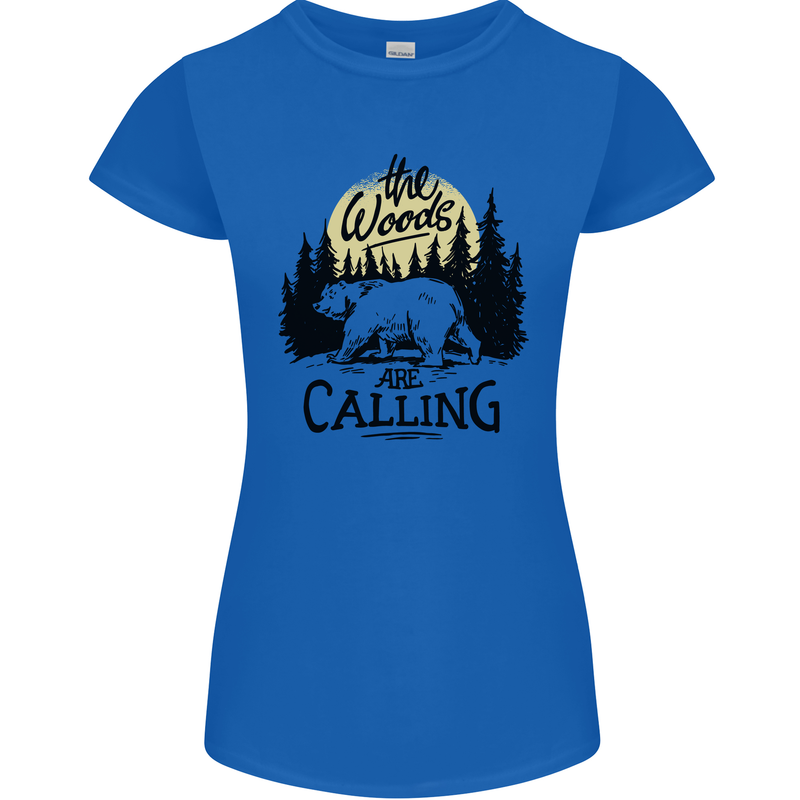 The Woods Calling Camping Trekking Bear Womens Petite Cut T-Shirt Royal Blue