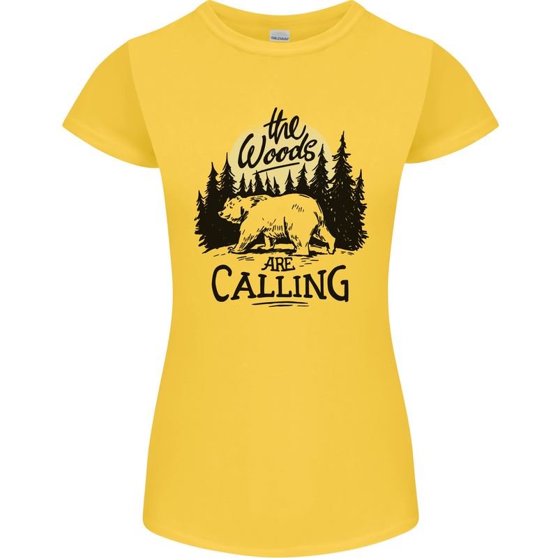 The Woods Calling Camping Trekking Bear Womens Petite Cut T-Shirt Yellow