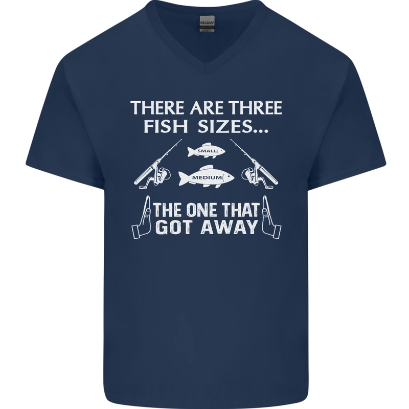 There Are Three Fish Sizes Funny Fishing Mens V-Neck Cotton T-Shirt Navy Blue