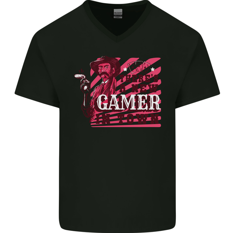 There's a New Gamer in Town Gaming Mens V-Neck Cotton T-Shirt Black