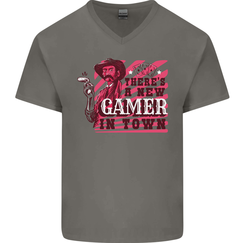 There's a New Gamer in Town Gaming Mens V-Neck Cotton T-Shirt Charcoal
