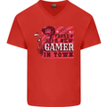 There's a New Gamer in Town Gaming Mens V-Neck Cotton T-Shirt Red