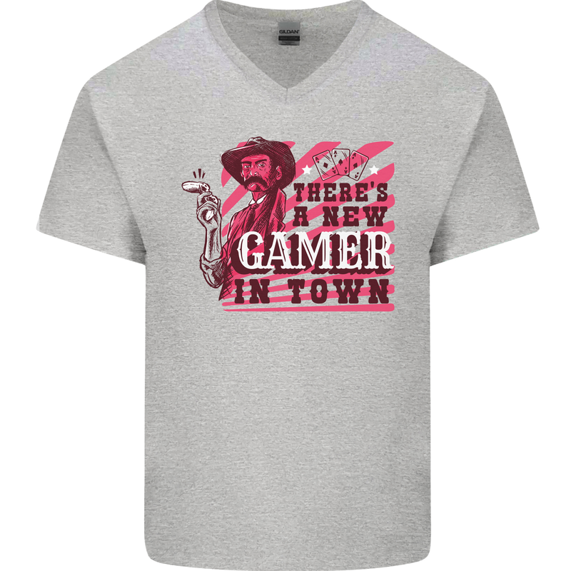 There's a New Gamer in Town Gaming Mens V-Neck Cotton T-Shirt Sports Grey