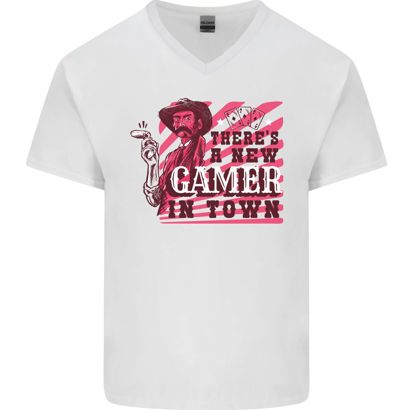 There's a New Gamer in Town Gaming Mens V-Neck Cotton T-Shirt White