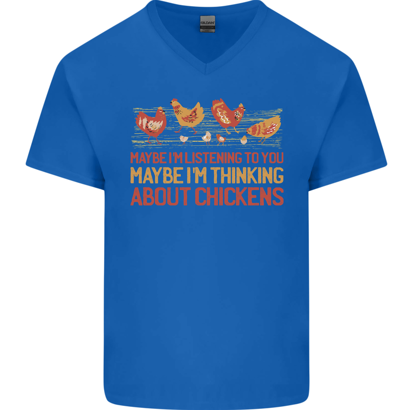 Thinking About Chickens Funny Farm Farmer Mens V-Neck Cotton T-Shirt Royal Blue