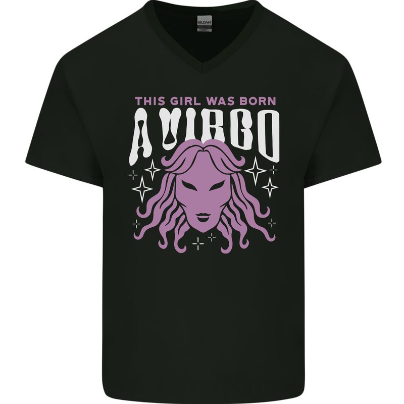 This Girl Was Born Virgo Mens V-Neck Cotton T-Shirt Black