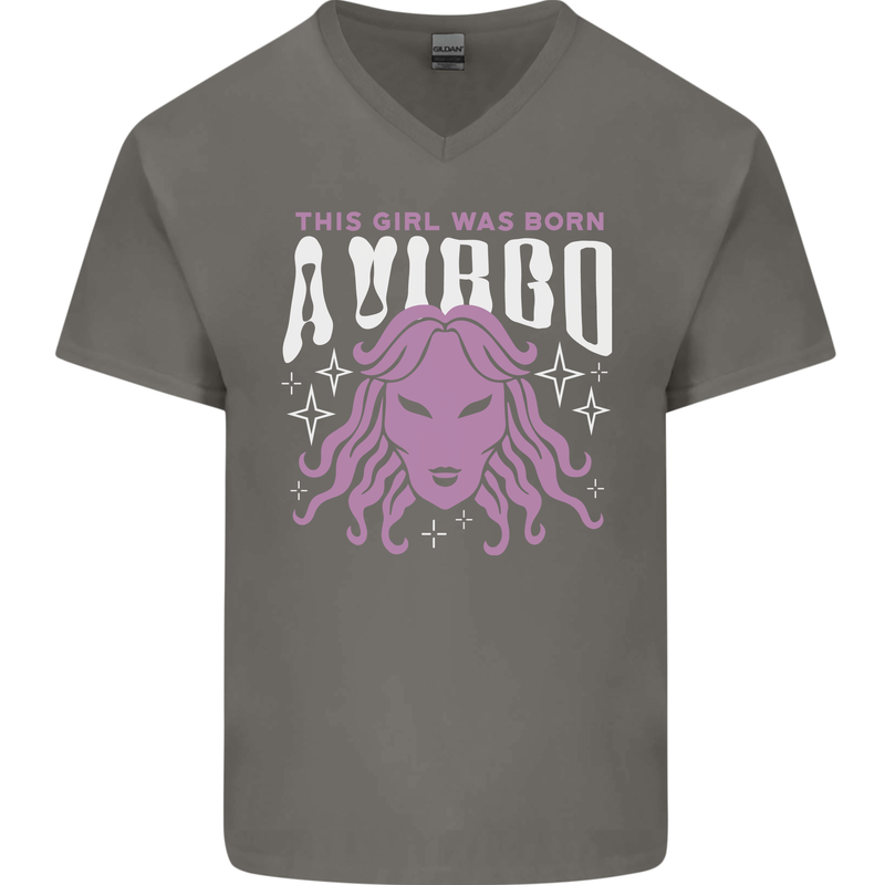 This Girl Was Born Virgo Mens V-Neck Cotton T-Shirt Charcoal