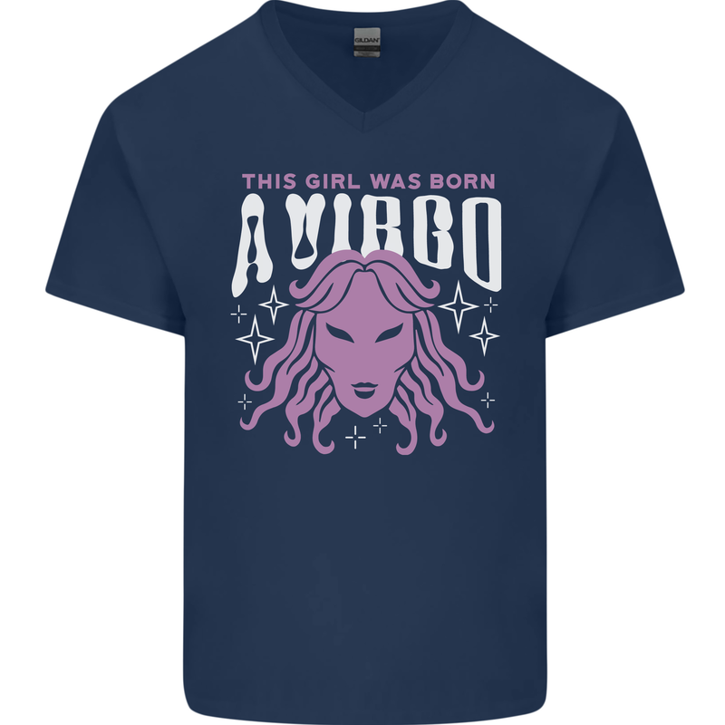 This Girl Was Born Virgo Mens V-Neck Cotton T-Shirt Navy Blue