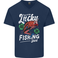 This Is My Lucky Fishing Funny Fisherman Mens V-Neck Cotton T-Shirt Navy Blue