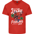This Is My Lucky Fishing Funny Fisherman Mens V-Neck Cotton T-Shirt Red