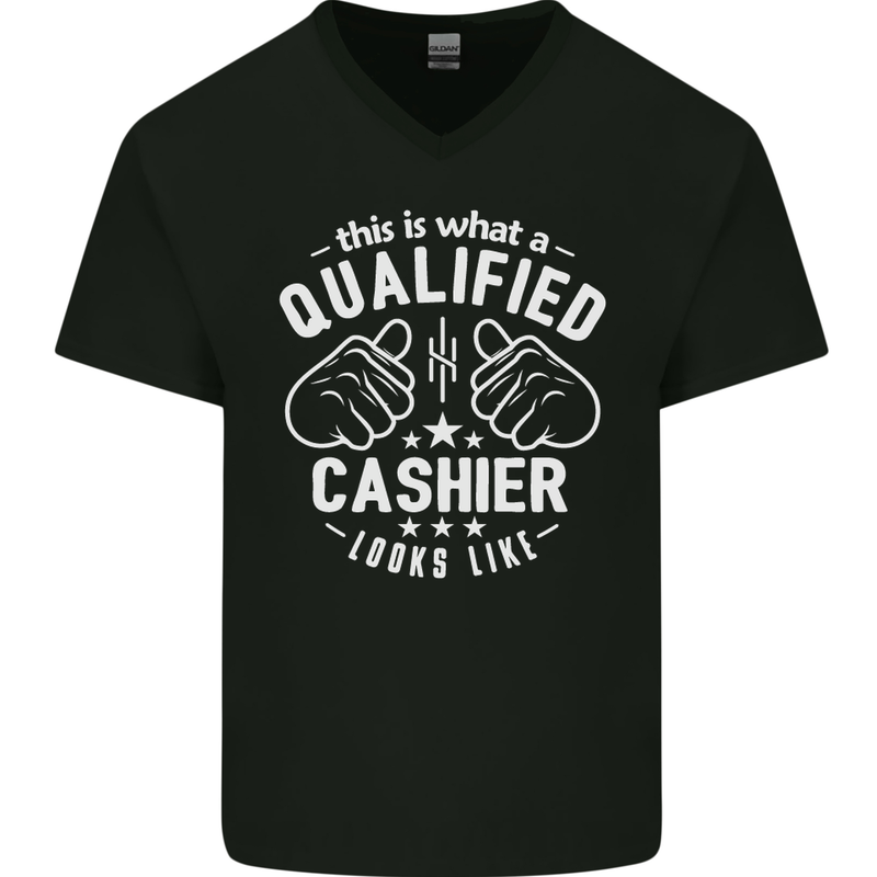 This Is What a Qualified Cashier Looks Like Mens V-Neck Cotton T-Shirt Black