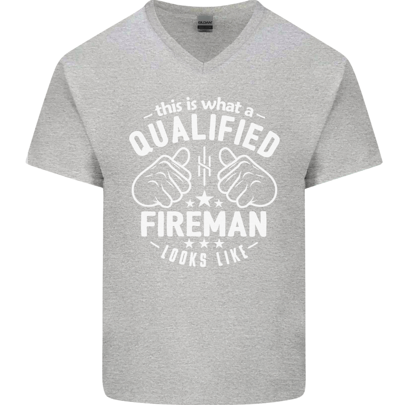 This Is What a Qualified Fireman Looks Like Mens V-Neck Cotton T-Shirt Sports Grey