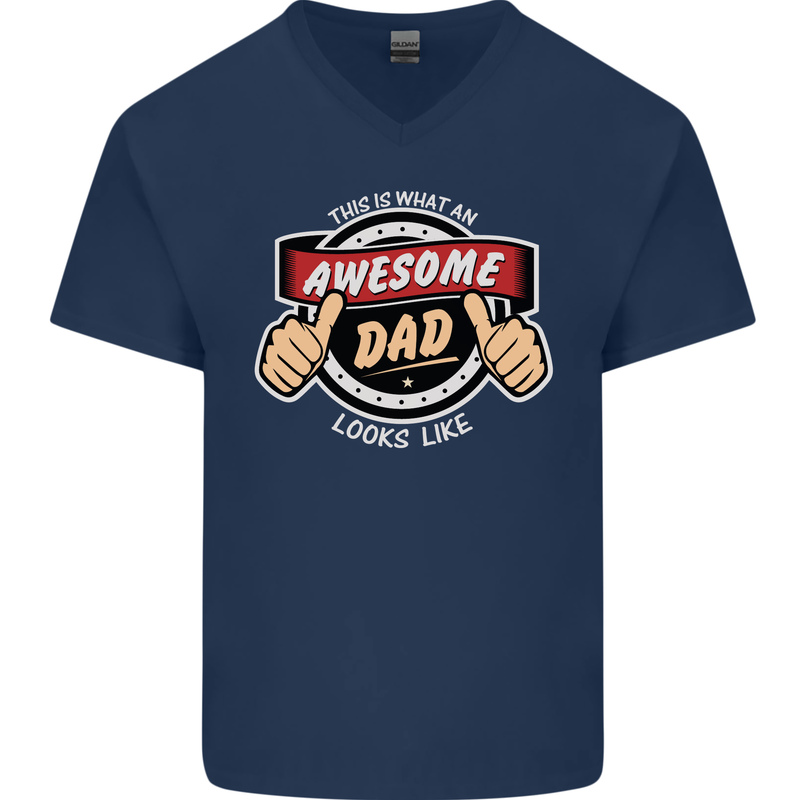 This Is What an Awesome Dad Father's Day Mens V-Neck Cotton T-Shirt Navy Blue