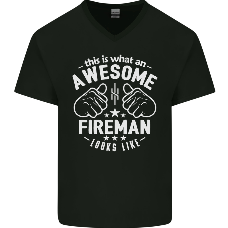 This Is What an Awesome Fireman Looks Like Mens V-Neck Cotton T-Shirt Black
