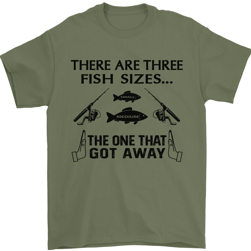 Three Fish Sizes Funny Fishing Fisherman Mens T-Shirt Cotton Gildan Military Green