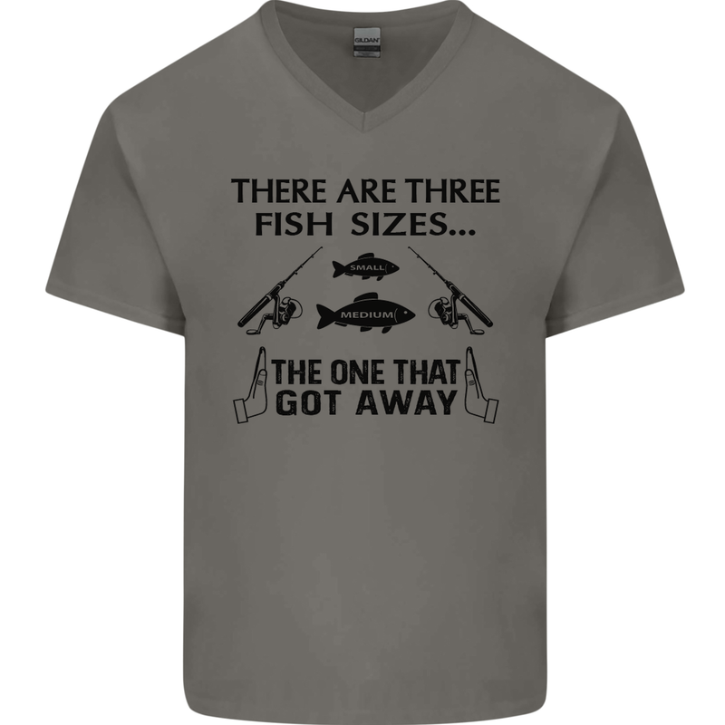 Three Fish Sizes Funny Fishing Fisherman Mens V-Neck Cotton T-Shirt Charcoal