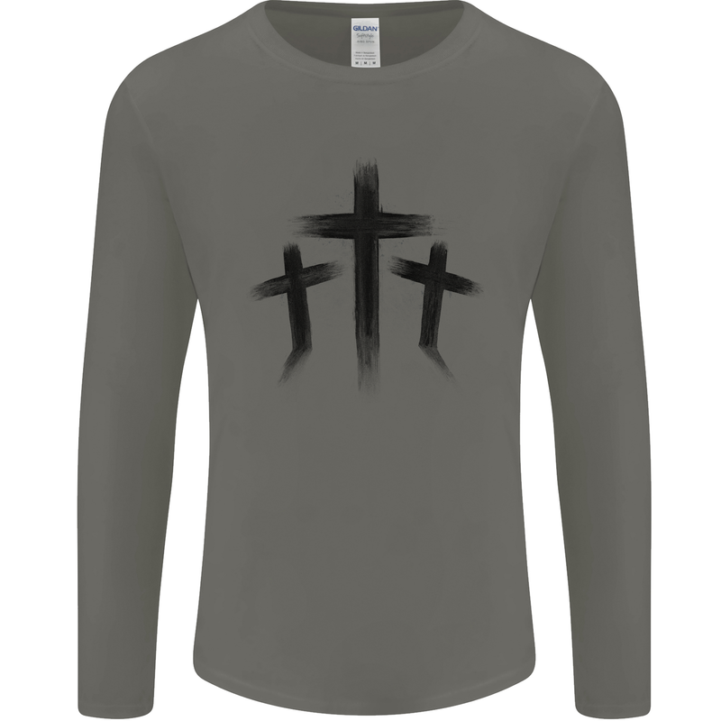 Three Grunge Crosses Gothic Mens Long Sleeve T-Shirt Charcoal