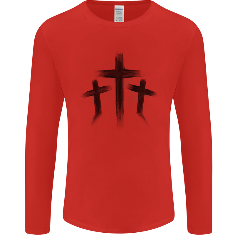 Three Grunge Crosses Gothic Mens Long Sleeve T-Shirt Red
