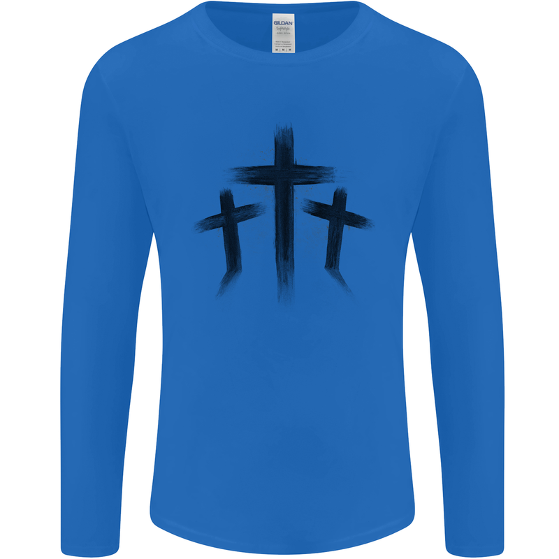Three Grunge Crosses Gothic Mens Long Sleeve T-Shirt Royal Blue