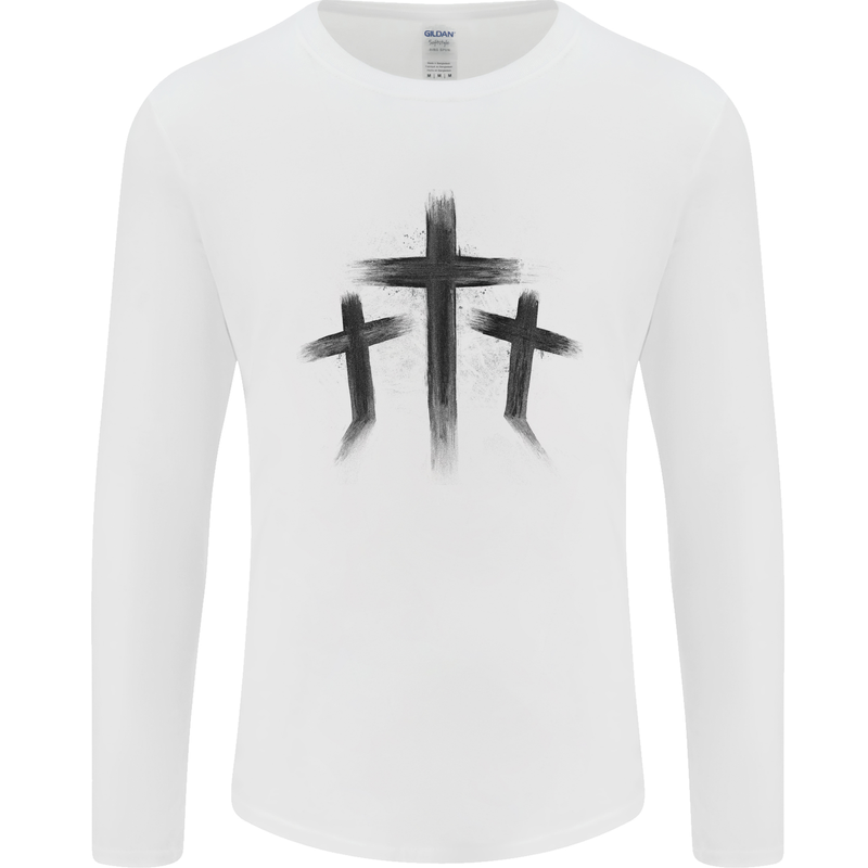 Three Grunge Crosses Gothic Mens Long Sleeve T-Shirt White