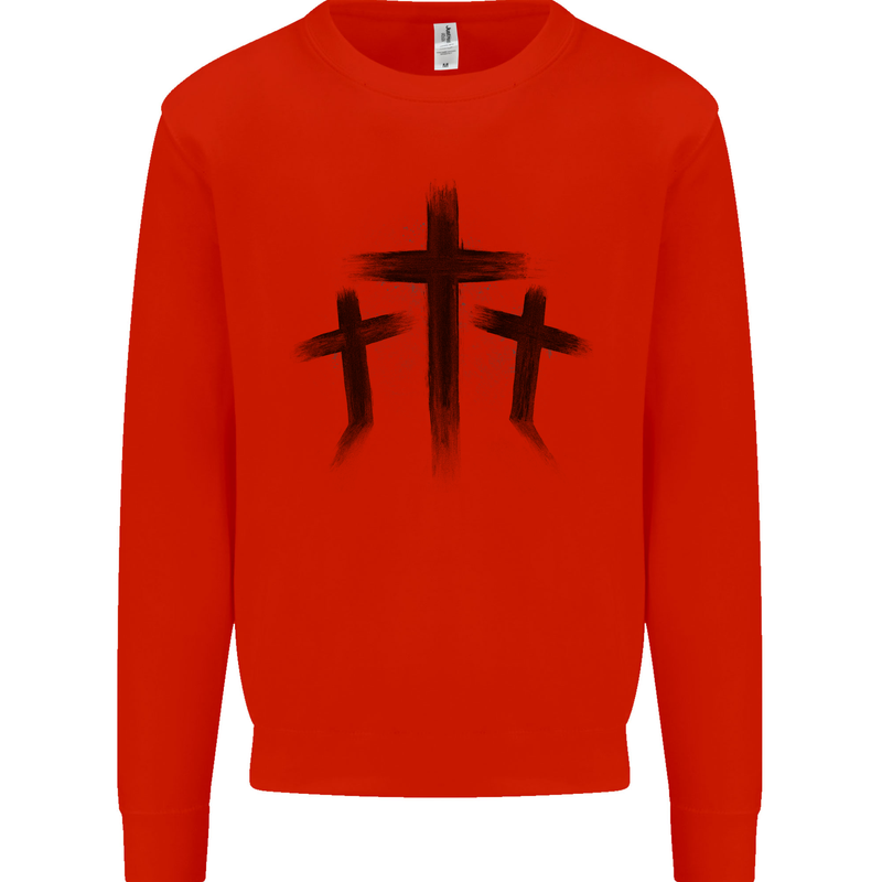 Three Grunge Crosses Gothic Mens Sweatshirt Jumper Bright Red