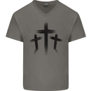 Three Grunge Crosses Gothic Mens V-Neck Cotton T-Shirt Charcoal