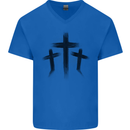 Three Grunge Crosses Gothic Mens V-Neck Cotton T-Shirt Royal Blue