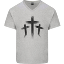 Three Grunge Crosses Gothic Mens V-Neck Cotton T-Shirt Sports Grey