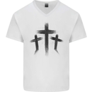 Three Grunge Crosses Gothic Mens V-Neck Cotton T-Shirt White