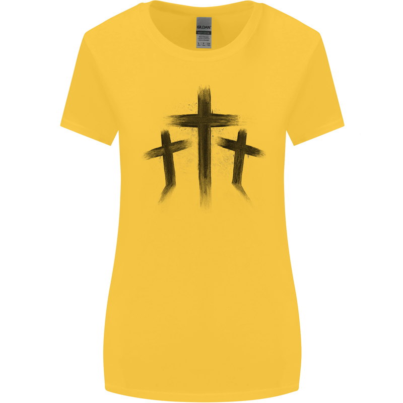Three Grunge Crosses Gothic Womens Wider Cut T-Shirt Yellow