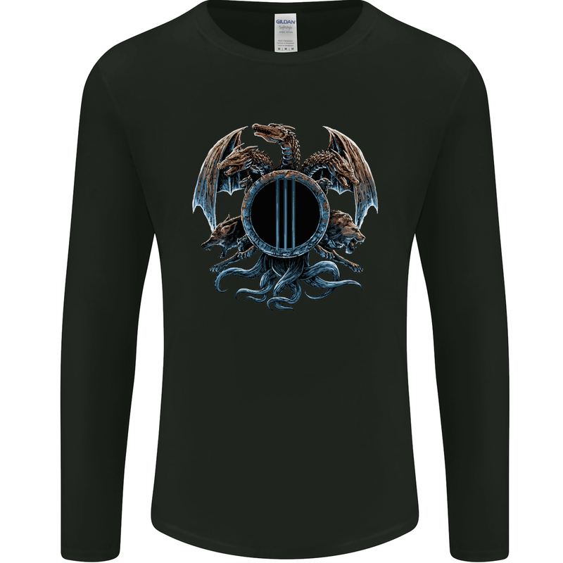 Three Headed Dragon Fantasy SCI-FI Mens Long Sleeve T-Shirt Black