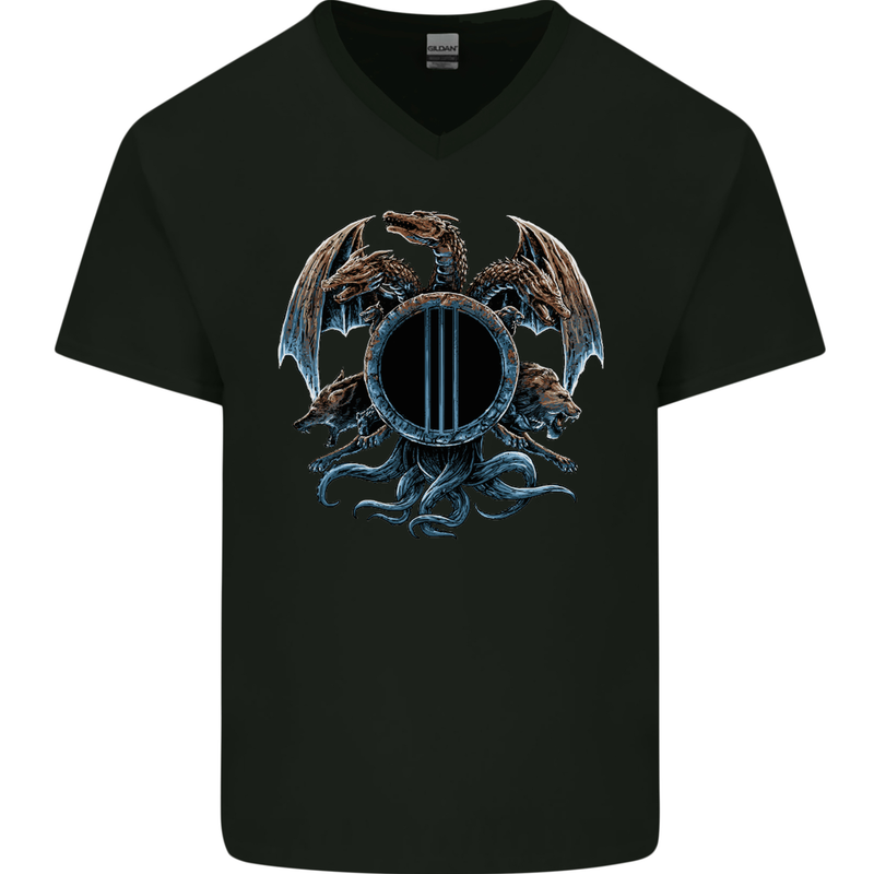 Three Headed Dragon Fantasy SCI-FI Mens V-Neck Cotton T-Shirt Black
