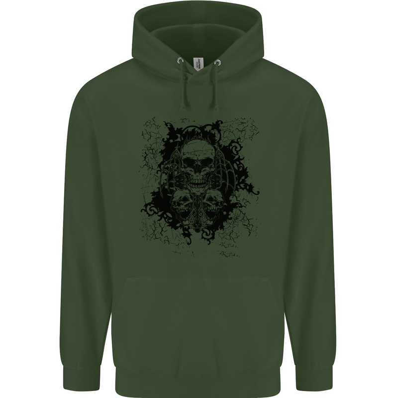 Three Skulls Demon Biker Gothic Tattoo Childrens Kids Hoodie Forest Green
