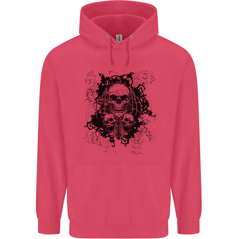 Three Skulls Demon Biker Gothic Tattoo Childrens Kids Hoodie Heliconia