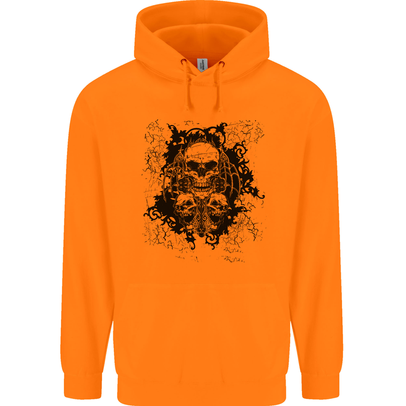Three Skulls Demon Biker Gothic Tattoo Childrens Kids Hoodie Orange